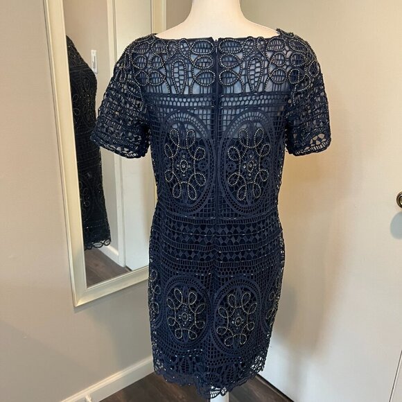 Aidan Mattox Navy Short Lace Beaded Sheath Cocktail Dress, Size 12 - Picture 12 of 16
